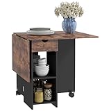 HOMCOM Folding Dining Table, Drop Leaf Table for Small Spaces, Foldable Table with Drawer and Storage Shelves for Kitchen, Dining Room, Rustic Brown