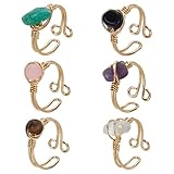 FINGERINSPIRE 6Pcs Adjustable Gold Wire Wrapped Rings Irregular Crystal Gemstone Rings Natural Black Agate Amethyst Tiger Eye Ring Quartz Crystal Rose Quartz Ring