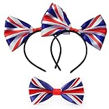 2 Pcs Hairband, Union Jack Headband, Bow Hair Hoop, Queens Platinum Jubilee Party Event Birthday Holiday Decoration with 1 Pcs Bow Tie