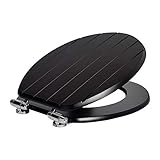 Harbour Housewares Soft Close Toilet Seat - Black - Pack of 1 - Oval-Shaped Wooden Toilet Seat Antibacterial Loo Lid with Universal Chrome Hinges, Fixings & Fittings