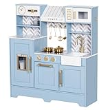 BRINJOY Play Kitchen, Children's Play Kitchens with Oven, Stove, Sink, Apron, Ice Maker, Cookware,Toy Kitchen Set for Toddler Girl Boy Age 3+，Kids Kitchen (Blue)