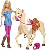 Barbie Playet with Blonde Fashion Doll in Riding Outfit & Light Brown Horse with Saddle, Bridle & Reins, FXH13
