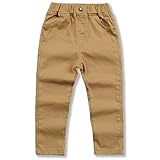 BINIDUCKLING Boy's Uniform Pants Straight-fit Chino Pants Elastic Waistband Pull On School Trousers for Boys(Khaki,150/10-12 Years)