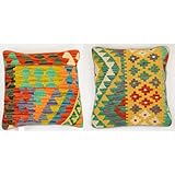 Handwoven Kilim Cushion Cover 18x18 inch (45x45 cm), Wool & Cotton Boho Throw Pillow, Geometric Pillow Cover for Sofa, Couch, Bed, Multicoloured Decorative Cushion for Living Room & Home Office