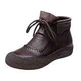 Generisch Women's Ankle Boots Flat Handmade Leather Boots Retro Leisure Short Boots Thick Soft Sole Half Boots Round Toe Lace-Up Boots Non-Slip Winter Boots, Brown, 7 UK