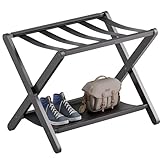 vovala Luggage Rack, Folding Suitcase Stand with Storage Shelf, Premium Bamboo Luggage Holder for Guest Room, Bedroom, Hotel, Closet, Holds up to 61 kg (Black)