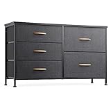 Nicehill Chest of Drawers with 5 Drawers, Storage Organizer, Wide Chest of Drawers for Closet, Clothes, Kids, Baby, TV Stand, Wood Board, Fabric Drawers(Black Grey)
