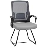 HOMCOM Desk Chair No Wheels, Meeting Office Chair with Mesh Back, Lumbar Support, Metal Base and Armrests for Reception, Waiting Room, Conference Room, Dark Grey