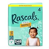 Rascals Premium Nappies丨Size 4丨Total 248 Nappies | Absorbent丨infant丨overnight Diapers Dry and Gentle Diapers nighttime丨4 Layers of Protection and Feather-Soft Materials (Size 4)