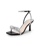 DREAM PAIRS Women's Ladies Double Bowknots Heels Open Square Toe Ankle Strap Crystal Rhinestone Dress Shoes for Party Wedding, Size 6.5, Black-Pu, DWUMHS2530
