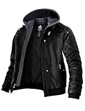 Wantdo Men's Faux Leather Jacket with Removable Hood Motorcycle Jacket Casual Vintage Warm Winter Coat Black L