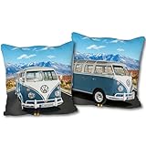 VW Volkswagen T1 Reversible Cushion - Blue 40 x 40 cm Bulli Cushion with 2 Designs, Camper Van Cushion Cover, Ideal for Sofa and Bed, Home Accessories, Decorative Cushion, Camping, Matches VW Bulli