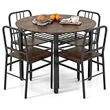 TANGZON Dining Table and Chairs Set 4, 5 Pieces Round Kitchen Table and 4 Chairs with Backrest & Storage Shelf, Space-saving Dining Room Set Furniture for Home Living Room Restaurant (Rustic Brown)