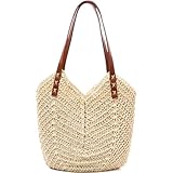 Straw Beach Bag for Women, Summer Straw Tote Bag Handbag with Zip Leather Handles, Retro Handmade Boho Casual Woven Travel Holiday Shoulder Bags for Beach Vacation Outdoor Shopping Daily Use (Beige)