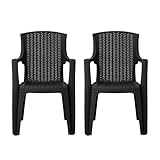 simpa Stackable High Back Plastic Rattan Effect Garden Chairs - Graphite Set of 2