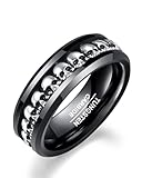 Tungsten Men's Rings with 925 Sterling Silver Skulls Inlay - 8mm Black Band Statement Ring, Comfort Fit - Gothic Gifts for Men Size S