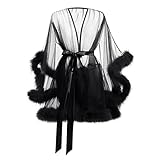 Women Tulle Robe See Through Nightgown Romantic Wedding Honeymoon Night Lingerie Sexy Sleepwear Long Sleeves Furry Nightie Cosplay Sheer Mesh Bridal Bathrobe Satin Ribbon Nightdress (Black, One Size)