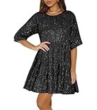 Awlsyj Women's 80s Fancy Sequins Dress with Pockets Evening Gown Wedding Bride Bridesmaid Prom Party Cocktail Dress Loose Casual Short Skirt (UK, Alpha, M, Regular, Regular, Black)