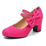 fereshte Womens Bow Heels Mary Jane Shoes Round Toe Chunky Heel Side Bow Dress Pumps, Hot Pink Suede, 5 UK