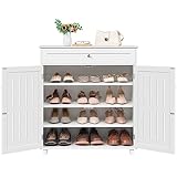 Yaheetech Shoe Cabinet, Wooden Storage Cabinet Organizer with 1 Drawer & 2 Doors, Modern 4-Tier Shoe Rack with Adjustable Shelves for Living Room, Hallway, Bedroom, White