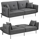 Yaheetech 198CM Modern Fabric 3 Seat Sofa Bed Couch Settee with Arms and 2 Soft Cushions Dark Gray