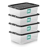 KLASS 4 x 30 Litre Underbed Storage Boxes with Lids Set of 4, Clear Multipurpose Nestable Stackable Plastic Storage Box With Lid 30L Clear Containers For Home, Kitchen, Garage, Office, Accessories