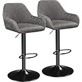 Yaheetech Bar Stools Set of 2, Height Adjustable Swivel Barstools, PU Leather Upholstered Bar Chair with Backrest, Armrests and Footrest for Home Kitchen, Grey