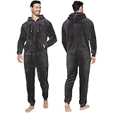 NOROZE Mens Plain Snuggle Hooded Onesie Adult Warm Fleece All-in-One Zip Jumpsuit Pyjamas Nightwear Loungewear Onesies (XXL, Charcoal)