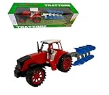 Agricultural Tractor with Trailer - Large Toy with Tank Wagon, Plough, Animal Carrier - Farm Friction Tractor (Plow)