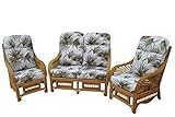 GardenMarketPlace Portofino Cane Conservatory Furniture 3 Piece Suite - 2 Chairs and a Sofa- Palm Design Fabric-NOW REDUCED!