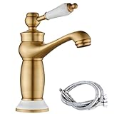 Maynosi Retro Bathroom Basin Mixer Tap, Luxury Victorian Sink Tap with Ceramic Handle, Vintage Faucet for Cloakroom, All Brass Made （Antique Brass）