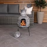 Charles Bentley Leaf Motif Clay Chiminea BBQ Grill with Artisan Leaf Design Rain Lid & Stand