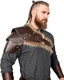keland Viking Shoulder Armour Fur Shoulder Armour Leather Pauldron Medieval Shoulder Protection (Brown-2)