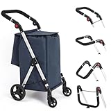 LEUYA ABC Grocery Trolley, 4 Wheel Aluminium Shopping Cart, 46L Folding Shopping Trolley with Insulated Cooling Bag (Blue)