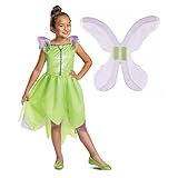 Disney Official Classic Tinkerbell Costume Kids includes Tinkerbell Wings, Tinkerbell Fancy Dress Up Outfit, Green Fairy Costume for Girls, World Book Day Costumes for Girls XS