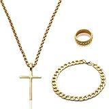 Gold Cross Necklace for Women Men, Metal Pendant Golden Necklaces, Cross Chain Necklaces with Bracelets Rings, Plated Golden Chain Necklace for Birthday Christmas Thanksgiving Day