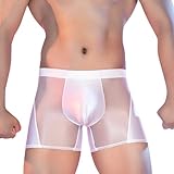 GENEMEN Glossy Mens Boxer Briefs Sheer Underwear Silky Boxers Transparent Lingerie See Through Shorts (White)