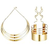 LOLIAS 3 Pcs Gold Bib Choker Necklace Set for Women Wide Cuff Bangle Bracelets Statement Dangle Earrings Upper Arm Band Cuff Wrist Cuff Festival Jewelry