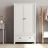 Panana 2 Door Wardrobe, Wooden Wardrobe with Drawer Bedroom Storage Furniture Large Cupboard Hanging Bar Clothes Rail Storage, White