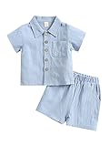 LYSINK Baby Boy Solid Color Cotton Linen 2Pcs Set Short Sleeve Lapel Button Shirt with Casual Shorts Summer Outfits (A-a-Blue, 12-18 Months)