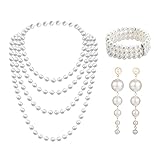 MIVAIUN 3 PCS Faux Pearl Set with Plastic Long Dangle Earrings Row Stretch Bracelet 1920 Necklace Jewelry 1920s Accessories Party Prom Wedding Festival (3 PCS) (MIVAIUN-ZZTZ)