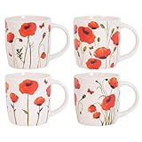 YöL Set Of 4 Poppy Floral Design Mugs New Bone China Coffee Tea Cups 350ml Home Kitchen Mug Set