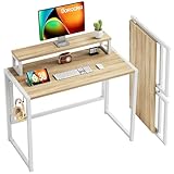 SOROGRA Small Folding Desk 80cm, Foldable Computer Desk with Monitor Stand, Easy Assembly Portable Table for Small Spaces and Home Office, Oak