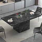 HSH Black Faux Marble Dining Table, Modern Dinner Table for 6 Person, Farmhouse Rectanglur Kitchen Table for Living Room, Long Wood Dining Room Tables with Strong Pedestal, Black Marble 160cm