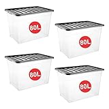 RelianceUK 4 X 80L Large Plastic Storage Box with Black Lid - Strong Stackable Storage Boxes 80 Litres - Home, Office, Kitchen, Nestable Storage Containers | Made in UK (80 Litre / 4 Pack)
