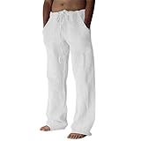 Litthing Men Linen Trousers Cotton Jogging Bottoms Casual Summer Pants with Pockets Loose Fit Drawstring Elastic Waist Trouser Comfortable Lightweight White