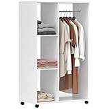 HOMCOM Open Wardrobe on Wheels with Clothes Rail, Bedroom Clothes Storage with Hanging Rod, 3 Storage Shelves, Mobile Garment Rack for Cloakroom, Hallway, White