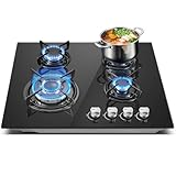 TopStrong Gas Hob 4 Burners, 60cm Black Glass Built-in Cooktop with 8060W Wok Burner & Thermocouple Protection, Natural Gas & LPG Compatible