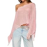 SOLILOQUY Women Sequin Knit Poncho Fringe Hem Off Shoulder See-through Crochet Cape Sheer Shrug Lightweight Beach Cover Ups, Pink, S