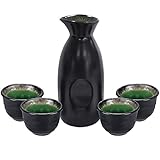 Sake Set Japanese Sake Cup Set Traditional Hand Painted Design Porcelain Pottery Ceramic Cups Crafts Wine Glasses 5 Piece (Black Classic)